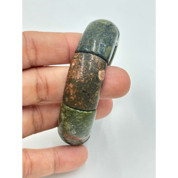 Vintage Green Semiprecious Stone Bracelet Elastic Stretch One Size Chunky Bangle - Picture 5 of 8